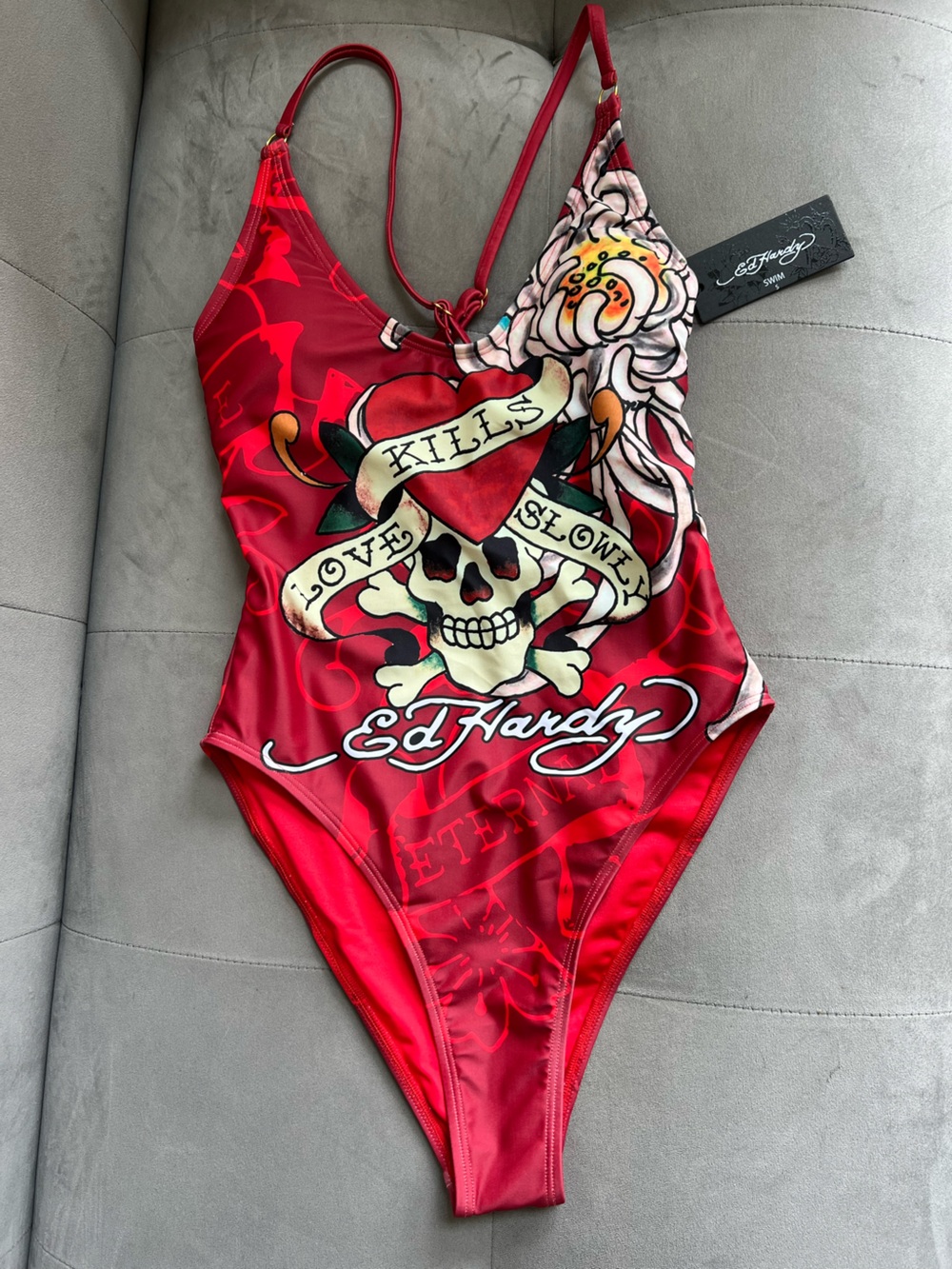 Ed Hardy Red Graphic One-Piece Swimsuit with Skull & Heart Artwork
